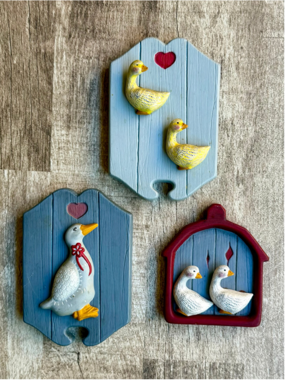 Vintage Country Geese Wall Plaques Set 3 Ceramic Folk Art Ducks Barn Hearts
